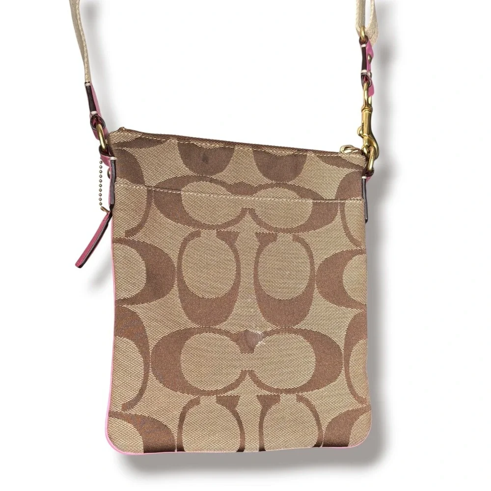 Coach Signature Stripe Swingpack Crossbody Bag Pink Tan Y2K Small Purse